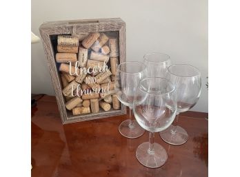 Set Of 4 Wine Glasses And Cork Saving Box With Corks