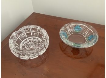 Pair Of Vintage Glass Ashtray Intaglio Blue Roses And Crystal