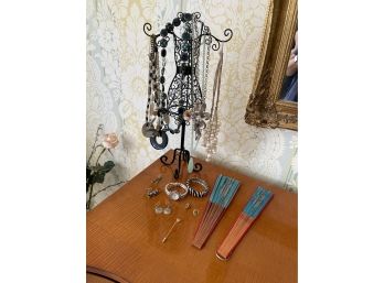 Costume Jewelry Lot With Stand And 2 Fans