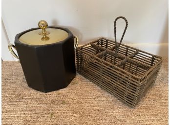 Leather Ice Bucket And Woven Beverage Holder