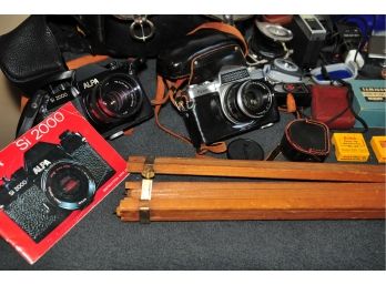 Cameras  Alpa Si 2000, Kowa Model E, Rollei Flash, Cannon Sureshot, Olympus, Brownie, Tripod, Flashes