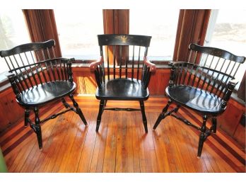 3 Black Chairs, Hitchcock Style And Captain Style Desk Chair