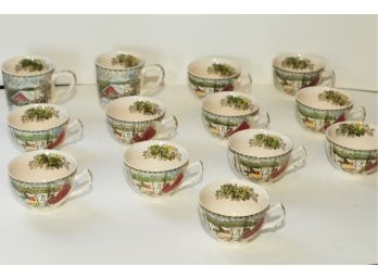 Cups And 2 Mugs, 11 Winter Scene Cups, Mugs Marked English
