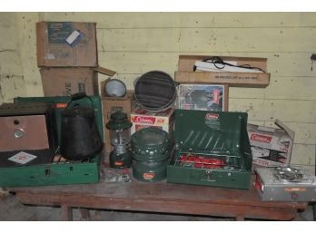 Coleman Camping Collection Huge Lot Of Stoves, Lantern, Oven, Heater, Well Cared Cronco Cooler