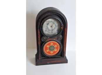 Antique Ingraham Bristol Conn Eight And One Day Clock, Ticks Marked 1877 On Back 9.25'x15.5'x4.25'