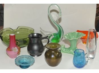 Hand Blown Iridescent  Vase And Glass Lot