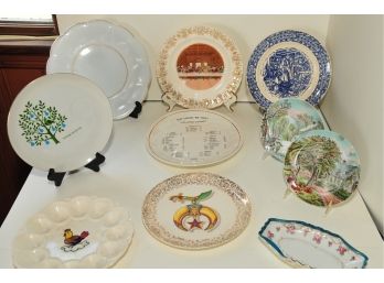 Assorted China Plates Last Supper, Currier And Ives, Calorie Plate, PV Egg Holder 11.25' To 6.5'