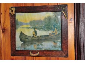 J Knowles Hare Native Americans In Canoe Print In Wood Native Style Frame 20'x17'