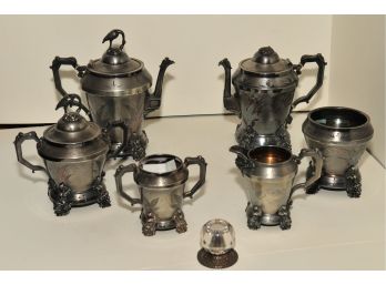 Antique Triple Silver Crane Coffee Tea Service, A Crane Broken, Beautiful Set Pot:9.5'x10.5', Sugar:8.5'x8.5'