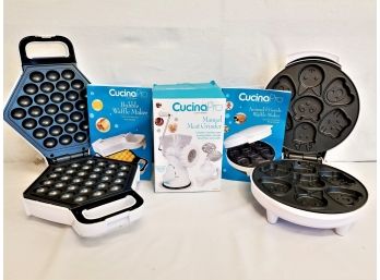 Three Cucina Pro Kitchen Appliances: Two Waffle Makers & One Manual Meat Grinder