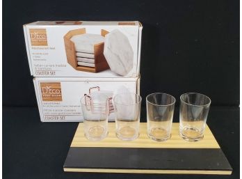 New D'Eco Home Decor Beer Tasting Flight Set & Two Marble Coaster Sets