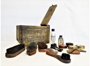 Fantastic Vintage Wood Shoe Shine Box  With Accessories