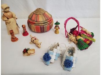 Vintage Straw & Woven Figurines, Husk Doll, Woven Box