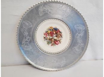 Vintage Wrought Farberware With Porcelain Limoges France Floral Insert 11.75' Round Platter