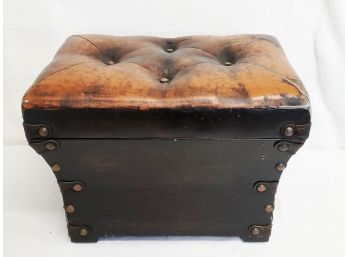 Small Wood & Leather Well Loved Foot Stool / Storage Bench