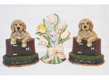 Adorable Pair Of Reproduction Cast Metal Painted Puppy On Fence & Tulip Bouquet Door Stops