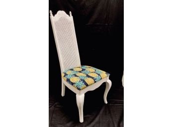 Vintage Cane High Back Painted Side Chair With Pineapple Theme Upholstery