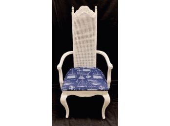 Vintage Cane High Back Painted Arm Chair With Nautical Theme Upholstery