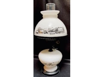 Vintage Currier & Ives Hurricane Style Milk Glass Lamp