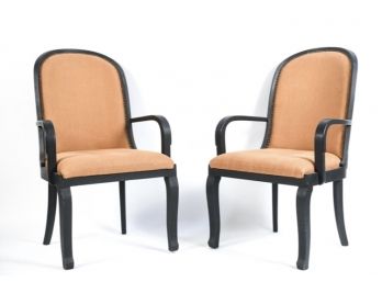 Pair Of Painted Black Arm Chairs With Burnt Orange Upholstry