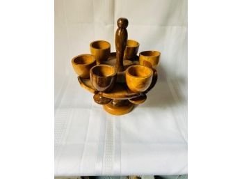 Vintage Wooden Egg Cup Set With Storage/ Carrying Caddy