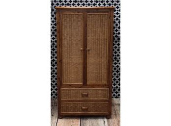 Vintage Wood And Wicker Storage Armoire