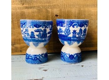 Pair Of Blue & White Japanese Porcelain Egg Cups With Pagoda Landscape