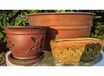 Garden Pots - One Copper Colored Metal And Two Ceramic