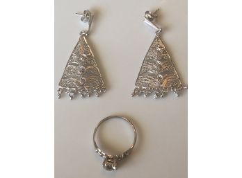 Antique Sterling Silver Ring And Sterling Filigree Dangle Earrings