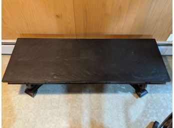 MCM Coffee Table With Slate Top And Brass Tile Trim On Carved Solid Mahogany Wood Base  1 0f 2