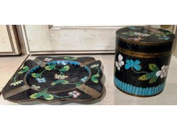 Two Antique Chinese Cloisonne Containers, One Ashtray One Tea Caddy Or Trinket Box.