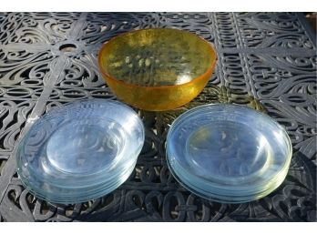 Fiery Yellow MCM Bowl With French LaCroc Clear 8' Glass Plates Total Of  (16)