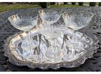 Silver Tray With Set Of 4 Beautiful Etched Champagne Glasses