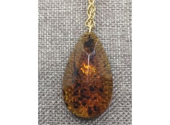 Amber Lucite  Pendant On Gold Plated Chain Necklace