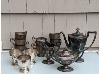 10 Silver Plate Antique Cups - Need A Lot Of Polish, And Three Serving Pieces With Monogram 'S'