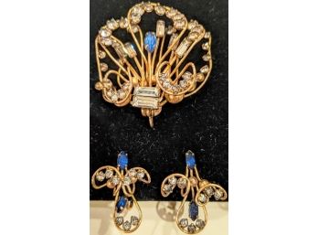 Vintage Golden Wire Wrap Work Earrings And Pin Set With Blue And White Stones - Needs Better Pictures.