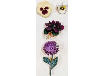 Love These Enamel Handpainted Pins, Pansies, Violets And Purple Flowers Pins