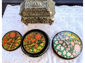 Very Pretty Antique Carved Silver Jewelry Box With Vintage Floral Coasters With Container - Vg Condition