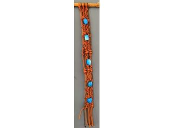 Vintage 60's Decor Blue Glass Beads Braided Into A  Macrame Base Hung From A Stick