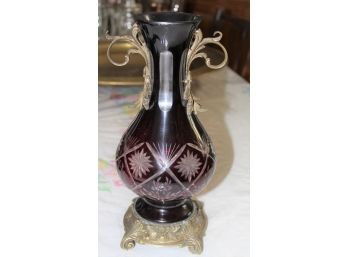 Ruby Red Cut To Clear Glass Vase With Metal Mounts