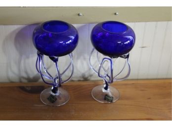 Hand Made Makora Krosno Polish Blown Cobalt Glass Compote Bowls