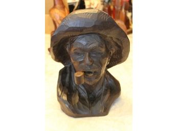 Wood Carved Bust Man With Pipe