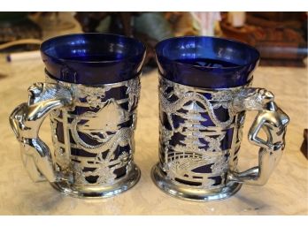 2 Cobalt Blue Glass Chrome Chinese Dragon Cups