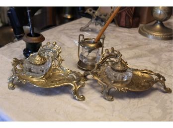 Brass Inkwells With 3 Bottles