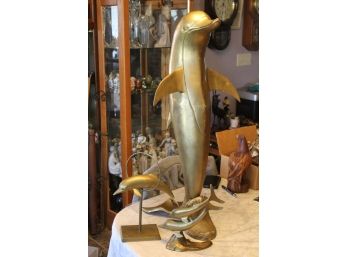 Large Dolphin Brass Statue With Smaller