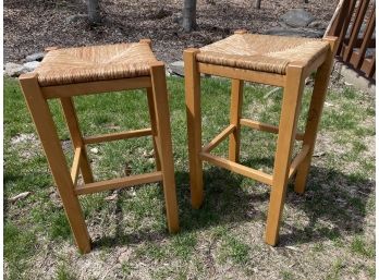 A Pair Of Wicker And Wood Stools