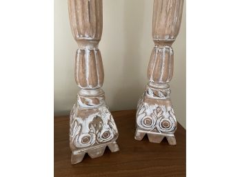 Pair Of Huge Wood Carved Candlesticks