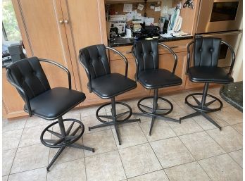 Set Of 4 Black Leather And Metal Kitchen Swivel Stools