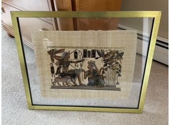 Egyptian Glass Framed Signed Drawing On Linen Cloth