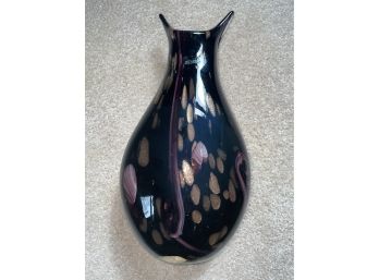 Elegant Amethyst, Black And Gold Art Glass Vase